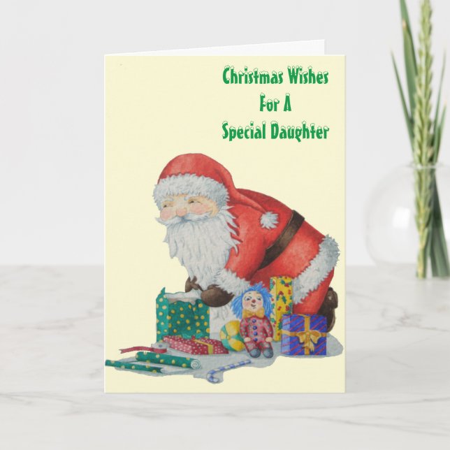 Tarjeta Festiva santa envolver regalos y juguetes para Navidades (Anverso)