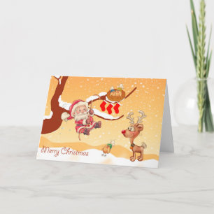 Tarjeta Festiva Santa Escalando Un Árbol Para Dar Regalos