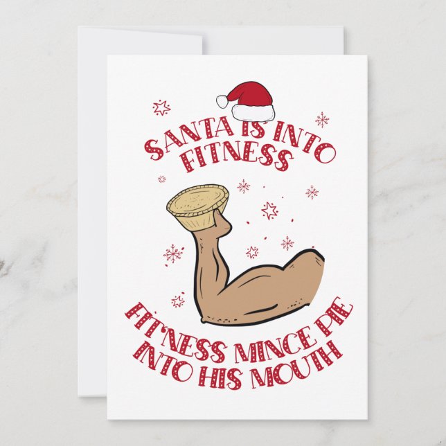 Tarjeta Festiva Santa está en el gimnasio Funny Mince Pie Santa De (Anverso)