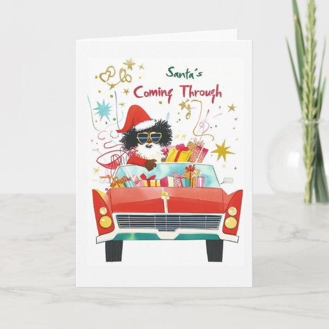 Tarjeta Festiva Santa está llegando | Saludo de Navidades negros (Anverso)