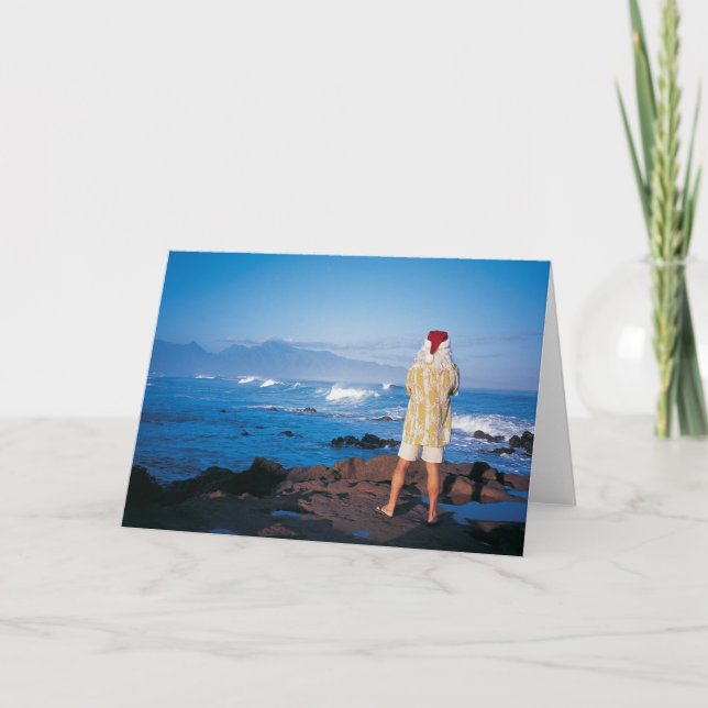 Tarjeta Festiva Santa examina ondas en Maui (Anverso)