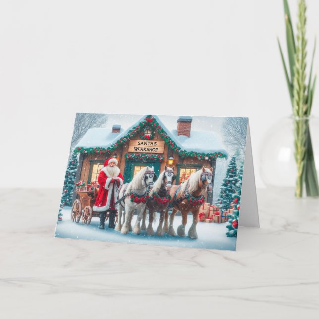 Tarjeta Festiva Santa frente al taller con Navidades de caballos (Anverso)