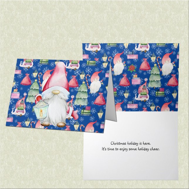 Tarjeta Festiva Santa Gnome del patrón azul para los navidades (Christmas Blue Pattern Santa Gnome for the Holiday Card)