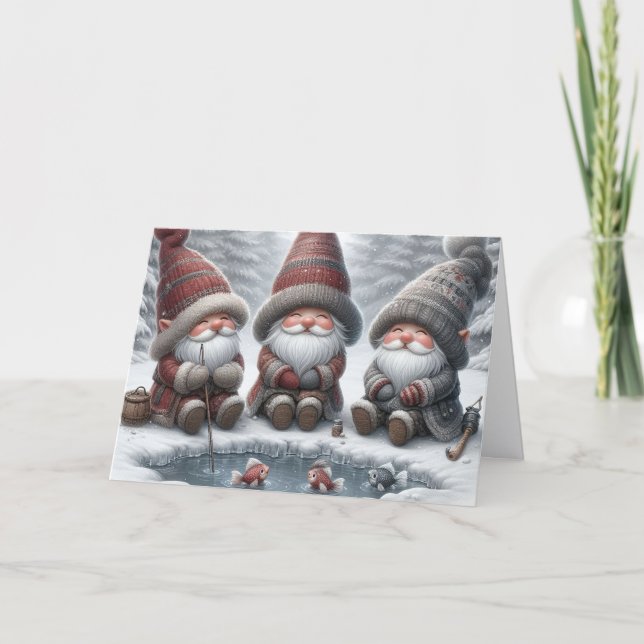 Tarjeta Festiva Santa Gnomes Ice Fishing (Anverso)