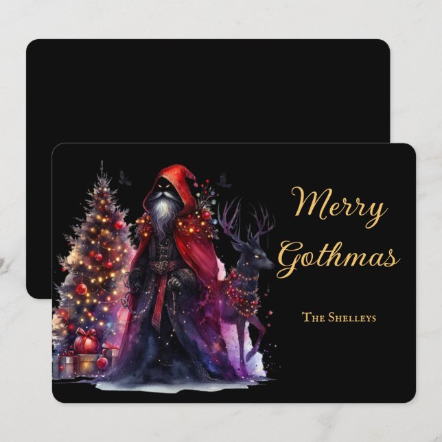 Tarjeta Festiva Santa Gótica Oscura Y Navidades De Renos (Anverso / Reverso)