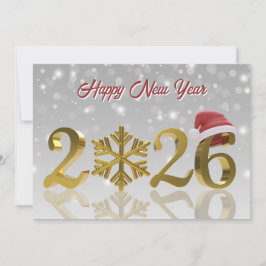 Tarjeta Festiva Santa Hat and Snowflake | Gold Happy New Year 2026