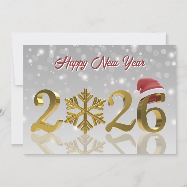 Tarjeta Festiva Santa Hat and Snowflake | Gold Happy New Year 2026 (Anverso)