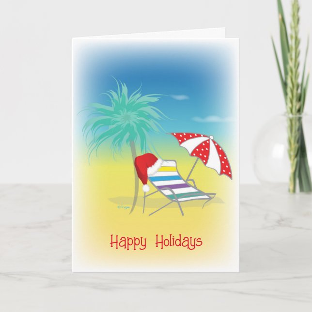 Tarjeta Festiva Santa Hat, Beach Chair, Umbrella, Palm, Plain (Anverso)
