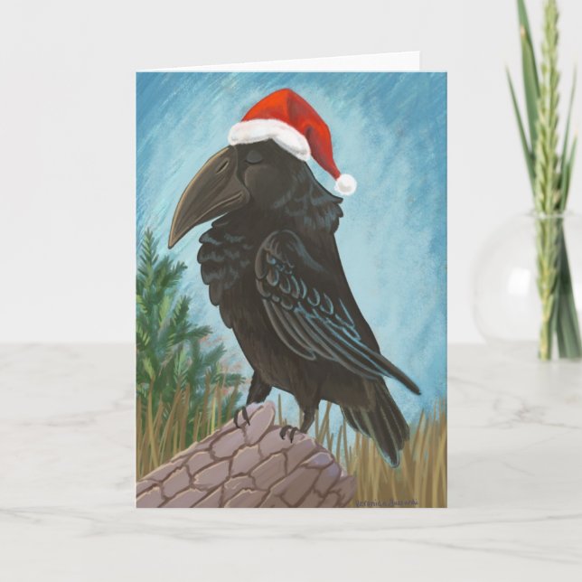 Tarjeta Festiva Santa Hat Raven (Anverso)