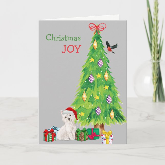 Tarjeta Festiva Santa Hat Westie y el árbol de vacaciones (Anverso)