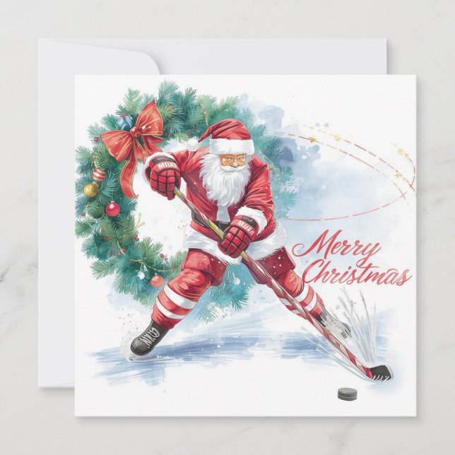 Tarjeta Festiva Santa Hockey Christmas Card  (Anverso)