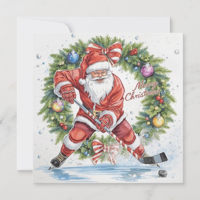 Tarjeta Festiva Santa Hockey Christmas Card  (Anverso)