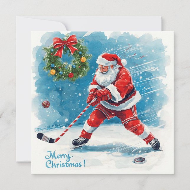 Tarjeta Festiva Santa Hockey Christmas Card  (Anverso)