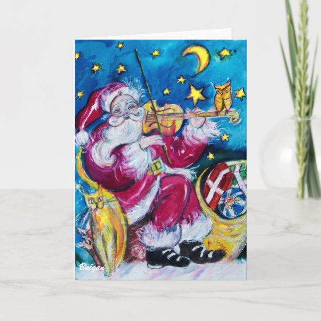 Tarjeta Festiva SANTA INSPIRADA JUGANDO VIOLÍN, Búho, noche de Nav (Anverso)