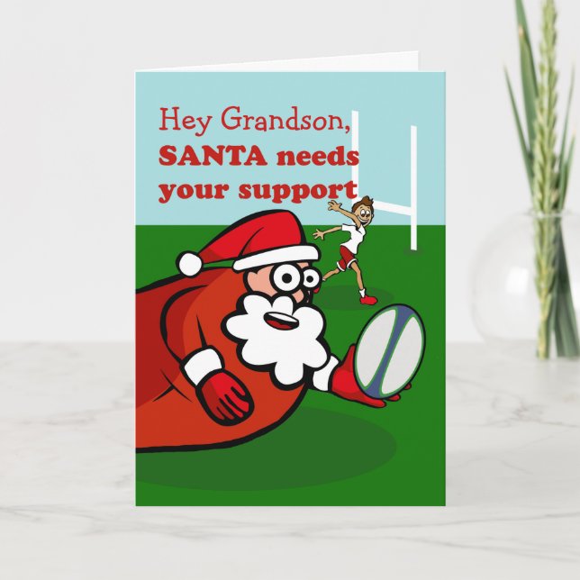 Tarjeta Festiva Santa juega al rugbi para el navidad, nieto, (Anverso)