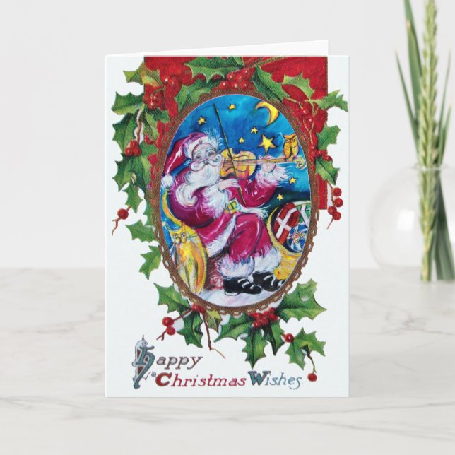 Tarjeta Festiva SANTA JUGANDO A Navidades VIOLÍNICOS, Hollyberries (Anverso)