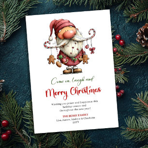 Tarjeta Festiva Santa juguetón divertido acuarela roja verde salud