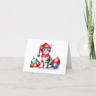 Tarjeta Festiva Santa Kitten gris y blanco con bolas en blanco