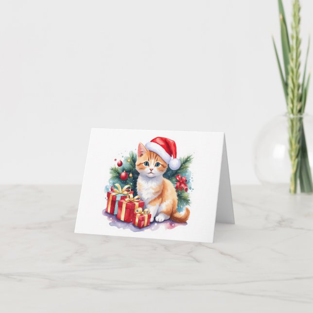 Tarjeta Festiva Santa Kitten (naranja/blanco) con regalos en BLANC (Anverso)
