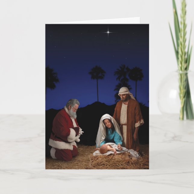 Tarjeta Festiva Santa Kneeling de la Natividad (Anverso)