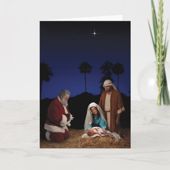 Tarjeta Festiva Santa Kneeling de la Natividad (Anverso)