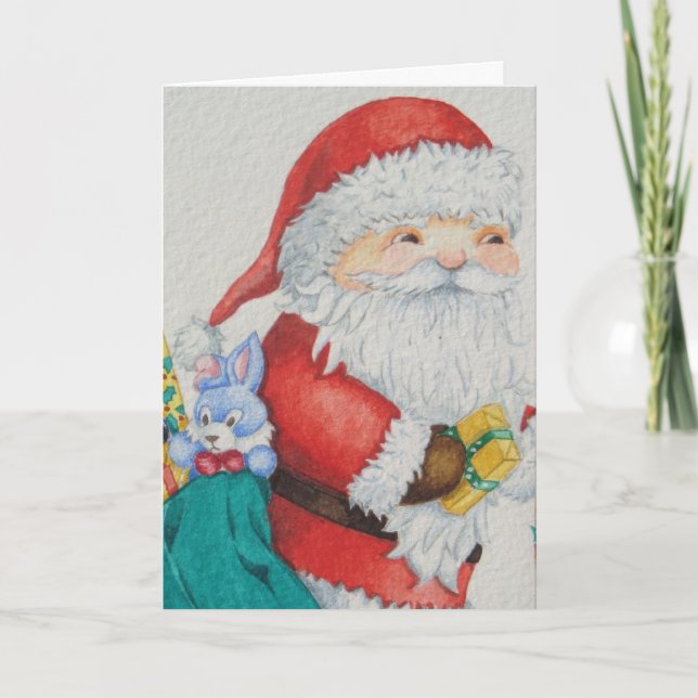 Tarjeta Festiva santa linda con saco verde para navidades (Anverso)