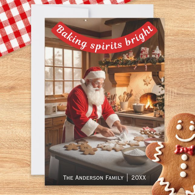 Tarjeta Festiva Santa Making Gingerbread Baking Spirits Bright (A personalized Christmas card with picture of Santa baking gingerbread, with witty caption)