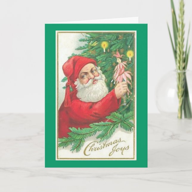 Tarjeta Festiva Santa Navidades Joys Decoran la cosecha del árbol (Anverso)