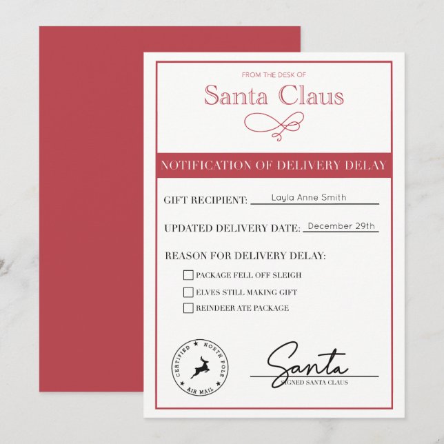 Tarjeta Festiva Santa Notificación De Retraso De Entrega Editable (Anverso / Reverso)