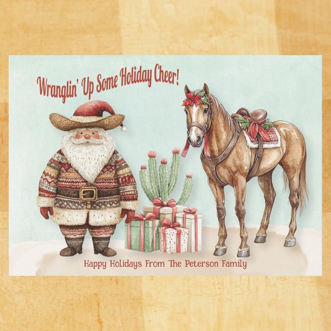 Tarjeta Festiva Santa Occidental personalizada (Western Santa watercolor card with cactus, horse, and gifts – Wranglin’ Up Some Holiday Cheer!

)
