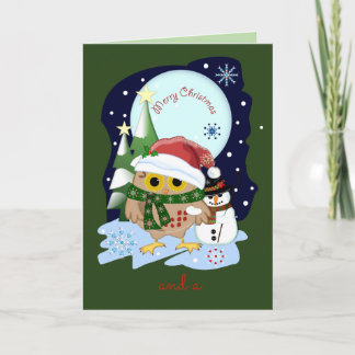 Tarjeta Festiva Santa Owl y su amigo snowman, personalizado de tex