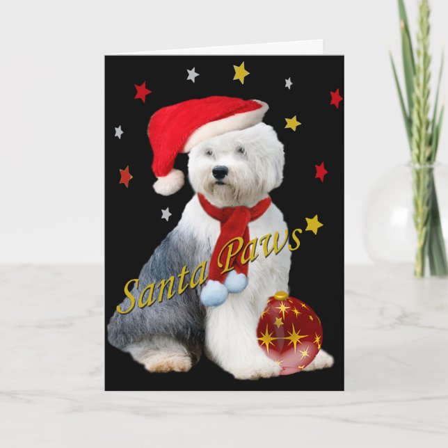 Tarjeta Festiva Santa Paws, un viejo perro pastor inglés (Anverso)