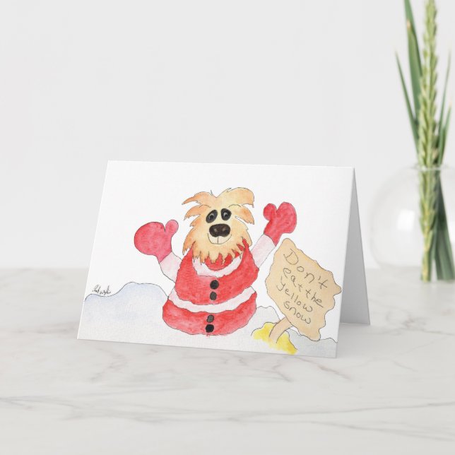 Tarjeta Festiva Santa Perro - No te comas la nieve amarilla (Anverso)