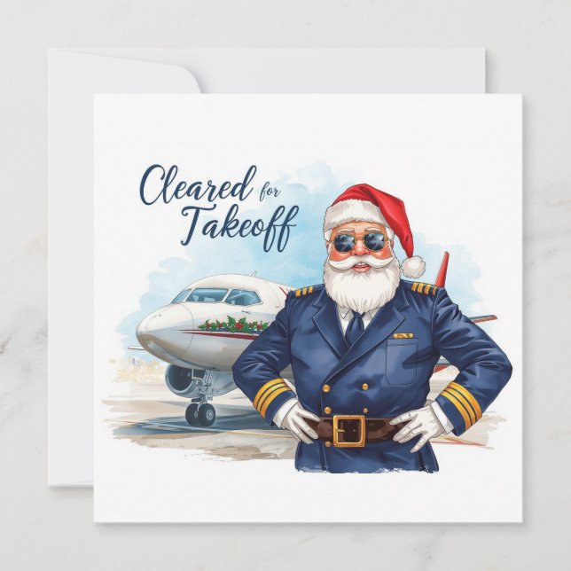 Tarjeta Festiva Santa Pilot Cleared for takeoff Christmas Flight (Anverso)