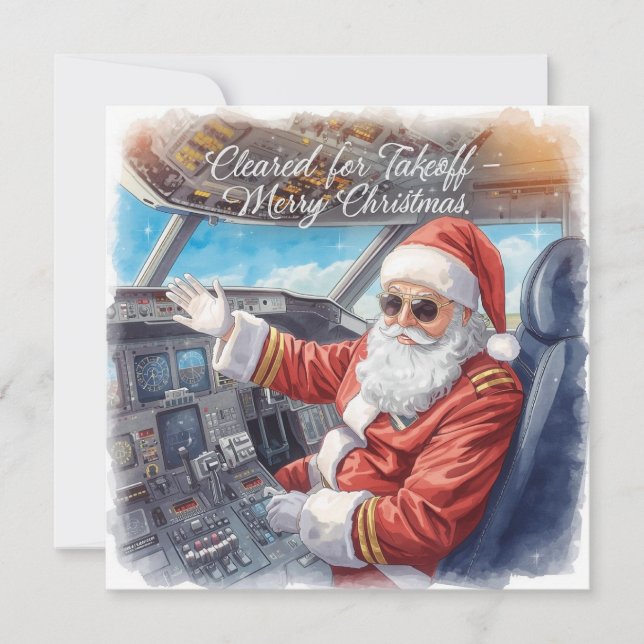 Tarjeta Festiva Santa Pilot Cleared for takeoff Christmas Flight (Anverso)