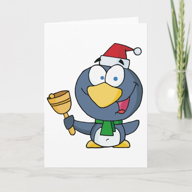 Tarjeta Festiva Santa Pingüino con Jingle Bell (Anverso)