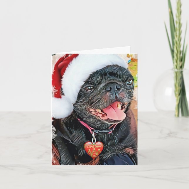 Tarjeta Festiva Santa Pug Negro (Anverso)