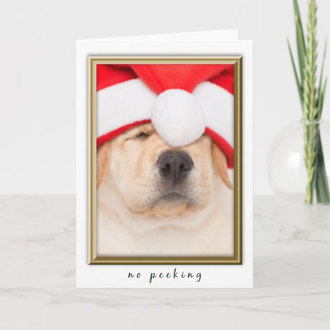 Tarjeta Festiva Santa Puppy No Peeking (Anverso)