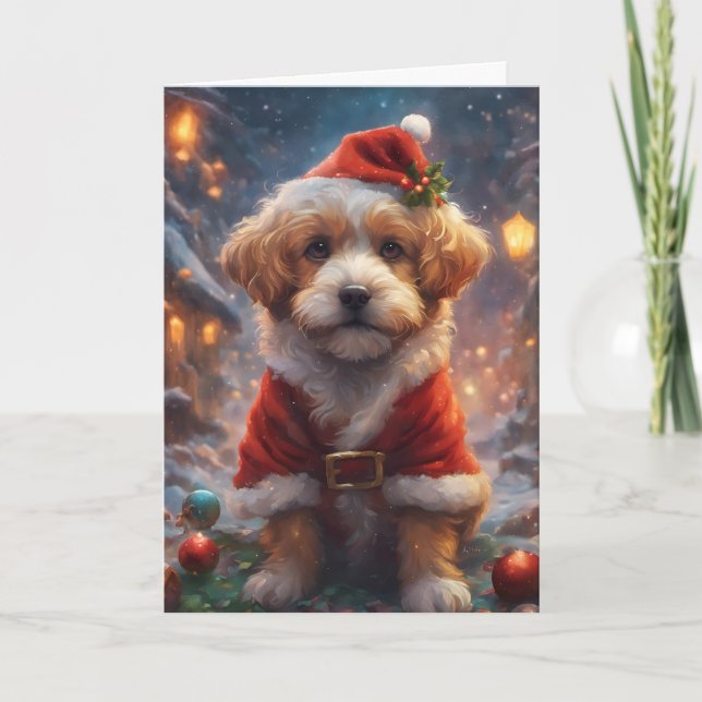 Tarjeta Festiva Santa Puppy, Perro Elf Holiday, Mascota lindo (Anverso)