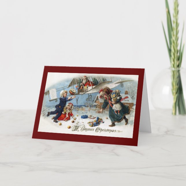 Tarjeta Festiva Santa que entrega los regalos vía el biplano (Anverso)