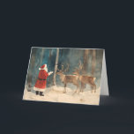 Tarjeta Festiva Santa Reindeer Vintage Christmas<br><div class="desc">Este diseño muestra a Santa Claus saliendo a los nevados bosques de invierno para recoger sus renos para que puedan prepararse para que sus Navidades Eva viajen por el mundo. Esto ocurre cada año antes de la Noche de Navidad. Esta hermosa escena es una pintada de acuarela de época. Dentro...</div>