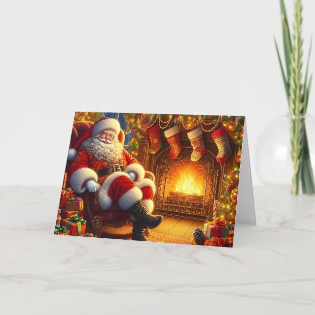 Tarjeta Festiva Santa Relaxing by Cozy Fireplace (Anverso)