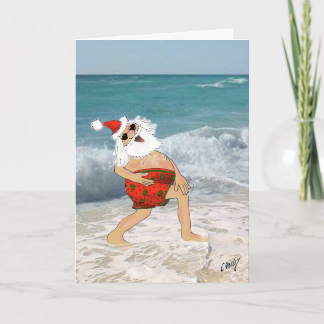 Tarjeta Festiva Santa retozando en la playa con baúles de natación (Anverso)