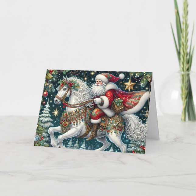 Tarjeta Festiva Santa Riding Beautiful Carousel Horse (Anverso)
