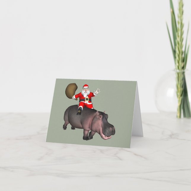 Tarjeta Festiva Santa Riding En Hippo (Anverso)