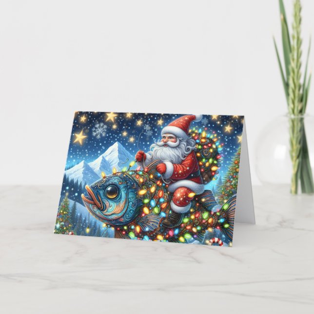 Tarjeta Festiva Santa Riding Fish Christmas (Anverso)