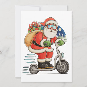 Tarjeta Festiva Santa Riding Scooter Navidades en familia