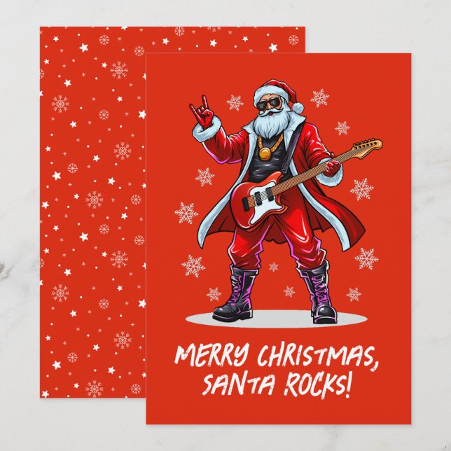 Tarjeta Festiva ¡Santa Rocks! Gracioso Santa Claus tocando la guit (Anverso / Reverso)