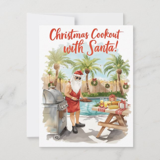 Tarjeta Festiva Santa’s Christmas Barbecue – Modern Watercolor (Anverso)