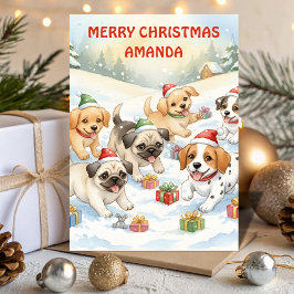 Tarjeta Festiva Santa’s Puppy Playground Kids Christmas Card